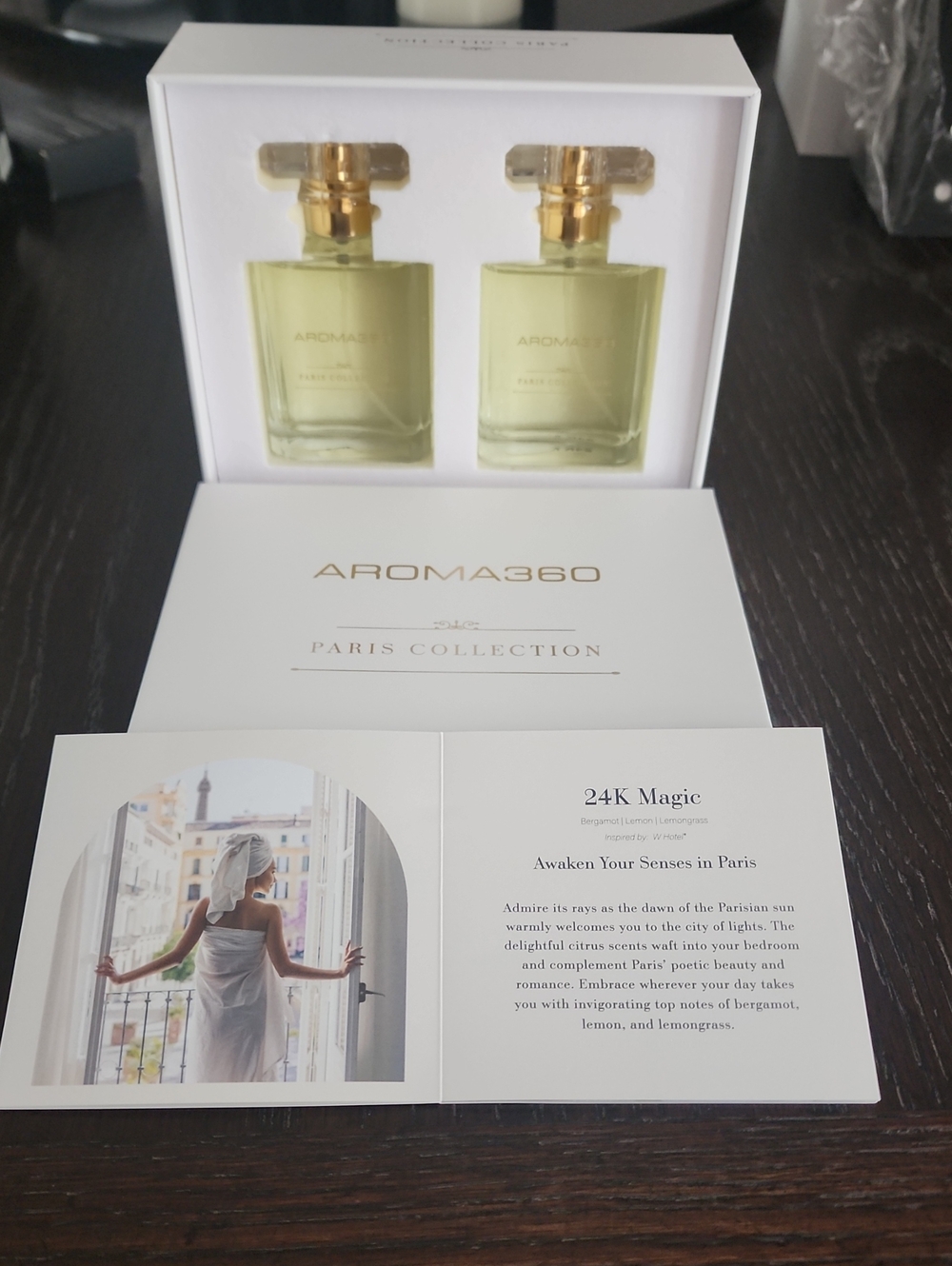 NIB Aroma360 24K Magic Elegant Glass Bottle Room Sprays Set Of 2